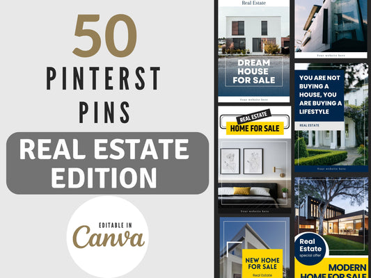 50 Pinterest Pins For Real Estate | Pinterest Pins Editable In Canva | Real Estate Marketing | Pinterest Real Estate